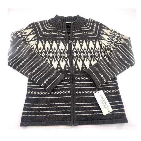 Vintage Villager Sport Sweater Womens Small Petite Gray Cream Cardigan Zip Wool - Picture 1 of 8